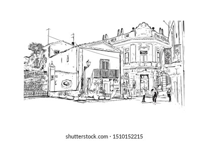 Building view with landmark of Scicli (Sicilia) is a town and municipality in the Province of Ragusa in the south east of Sicily, southern Italy. Hand drawn sketch illustration in vector.
