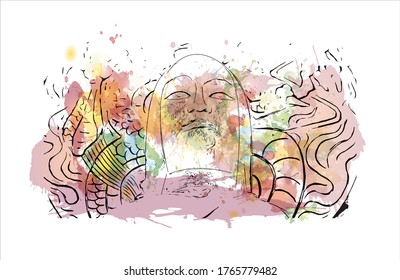 Building view with landmark of Sensoji is an ancient Buddhist temple located in Asakusa, Tokyo, Japan. Watercolor splash with hand drawn sketch illustration in vector.