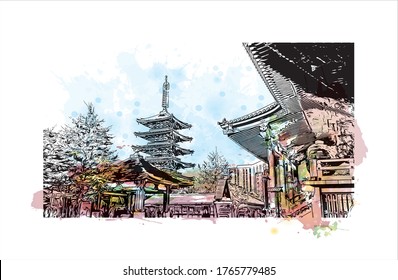 Die Bauaussicht mit Wahrzeichen von Sensoji ist ein alter buddhistischer Tempel in Asakusa, Tokio, Japan. Aquarellspritzer mit handgezeichneter Skizzengrafik in Vektorgrafik.