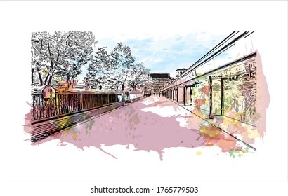 Die Bauaussicht mit Wahrzeichen von Sensoji ist ein alter buddhistischer Tempel in Asakusa, Tokio, Japan. Aquarellspritzer mit handgezeichneter Skizzengrafik in Vektorgrafik.