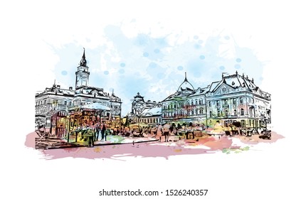 Building view with landmark of Serbia, officially the Republic of Serbia. Watercolor splash with Hand drawn sketch illustration in vector.