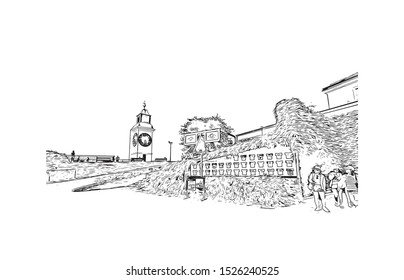 Building view with landmark of Serbia, officially the Republic of Serbia.  Hand drawn sketch illustration in vector.