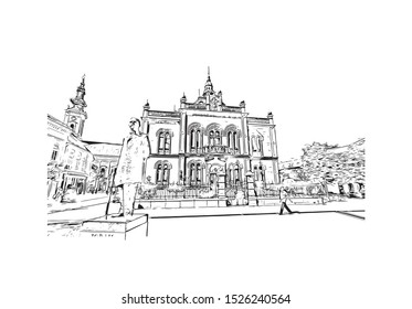 Building view with landmark of Serbia, officially the Republic of Serbia.  Hand drawn sketch illustration in vector.
