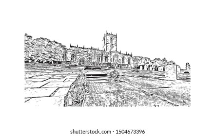 Building view with landmark of Sheffield is a city in the English county of South Yorkshire. Hand drawn sketch illustration in vector.