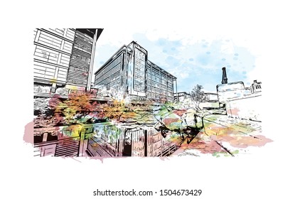 Building view with landmark of Sheffield is a city in the English county of South Yorkshire. Watercolor splash with Hand drawn sketch illustration in vector.