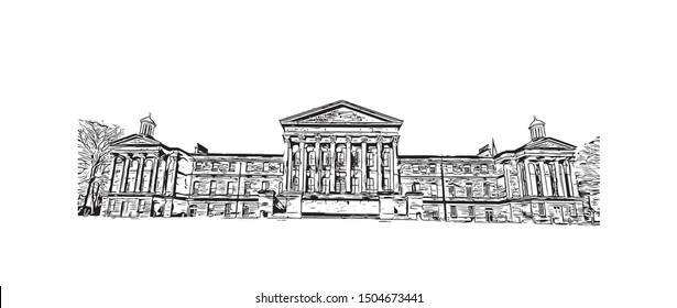 Building view with landmark of Sheffield is a city in the English county of South Yorkshire. Hand drawn sketch illustration in vector.