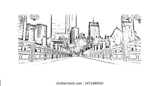 Building view with landmark of Shenzhen, in southeastern China. Hand drawn sketch illustration in vector.