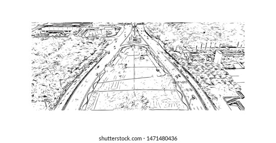 Building view with landmark of Shenzhen, in southeastern China. Hand drawn sketch illustration in vector.