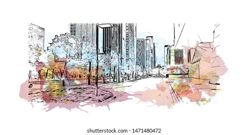 Building view with landmark of Shenzhen, in southeastern China. Watercolor splash with Hand drawn sketch illustration in vector.