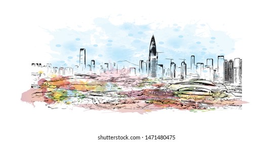 Building view with landmark of Shenzhen, in southeastern China. Watercolor splash with Hand drawn sketch illustration in vector.
