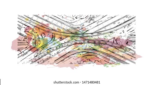 Building view with landmark of Shenzhen, in southeastern China. Watercolor splash with Hand drawn sketch illustration in vector.