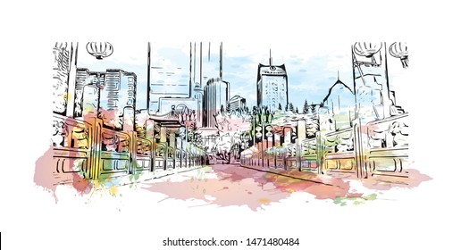 Building view with landmark of Shenzhen, in southeastern China. Watercolor splash with Hand drawn sketch illustration in vector.