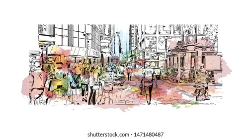 Building view with landmark of Shenzhen, in southeastern China. Watercolor splash with Hand drawn sketch illustration in vector.