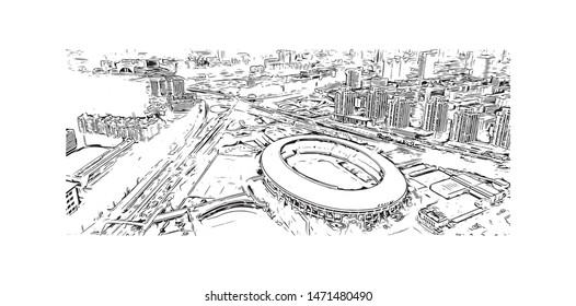 Building view with landmark of Shenzhen, in southeastern China. Hand drawn sketch illustration in vector.