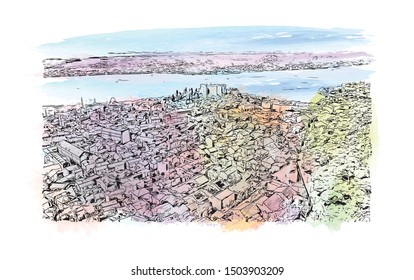 Building view with landmark of Sibenik is a city on the Adriatic coast of Croatia. Watercolor splash Hand drawn sketch illustration in vector.