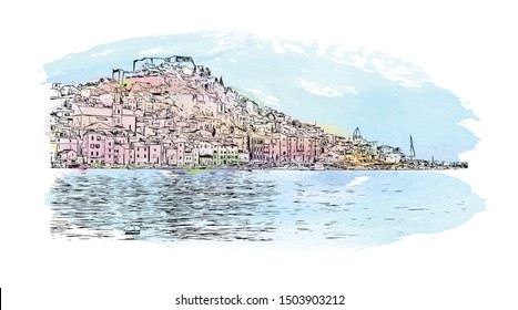 Building view with landmark of Sibenik is a city on the Adriatic coast of Croatia. Watercolor splash Hand drawn sketch illustration in vector.