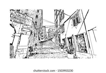 Building view with landmark of Sibenik is a city on the Adriatic coast of Croatia. Hand drawn sketch illustration in vector.