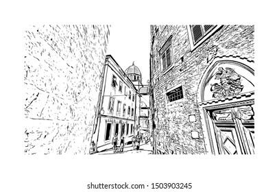 Building view with landmark of Sibenik is a city on the Adriatic coast of Croatia. Hand drawn sketch illustration in vector.