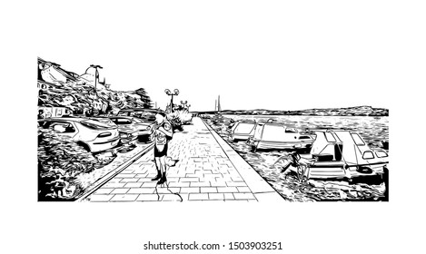 Building view with landmark of Sibenik is a city on the Adriatic coast of Croatia. Hand drawn sketch illustration in vector.