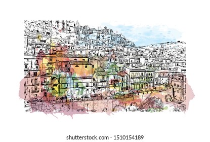 Building view with landmark of Sicily, the largest Mediterranean island, is just off the "toe" of Italy's "boot." Watercolor splash with hand drawn sketch illustration in vector.