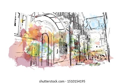 Building view with landmark of Sicily, the largest Mediterranean island, is just off the "toe" of Italy's "boot." Watercolor splash with hand drawn sketch illustration in vector.