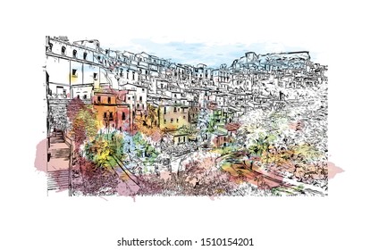 Building view with landmark of Sicily, the largest Mediterranean island, is just off the "toe" of Italy's "boot." Watercolor splash with hand drawn sketch illustration in vector.