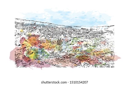 Building view with landmark of Sicily, the largest Mediterranean island, is just off the "toe" of Italy's "boot." Watercolor splash with hand drawn sketch illustration in vector.