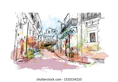 Building view with landmark of Sicily, the largest Mediterranean island, is just off the "toe" of Italy's "boot." Watercolor splash with hand drawn sketch illustration in vector.