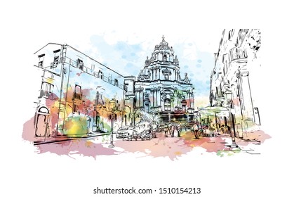 Building view with landmark of Sicily, the largest Mediterranean island, is just off the "toe" of Italy's "boot." Watercolor splash with hand drawn sketch illustration in vector.