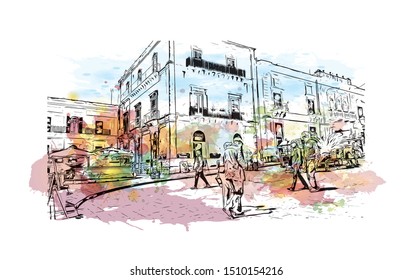 Building view with landmark of Sicily, the largest Mediterranean island, is just off the "toe" of Italy's "boot." Watercolor splash with hand drawn sketch illustration in vector.