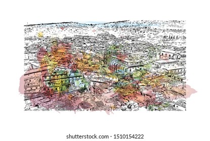 Building view with landmark of Sicily, the largest Mediterranean island, is just off the "toe" of Italy's "boot." Watercolor splash with hand drawn sketch illustration in vector.