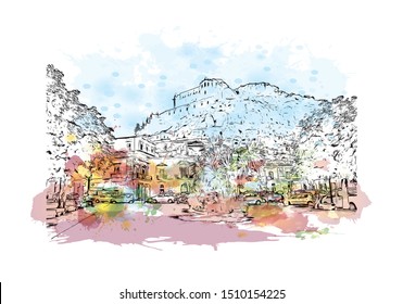 Building view with landmark of Sicily, the largest Mediterranean island, is just off the "toe" of Italy's "boot." Watercolor splash with hand drawn sketch illustration in vector.