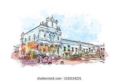 Building view with landmark of Sicily, the largest Mediterranean island, is just off the "toe" of Italy's "boot." Watercolor splash with hand drawn sketch illustration in vector.