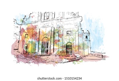 Building view with landmark of Sicily, the largest Mediterranean island, is just off the "toe" of Italy's "boot." Watercolor splash with hand drawn sketch illustration in vector.