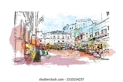 Building view with landmark of Sicily, the largest Mediterranean island, is just off the "toe" of Italy's "boot." Watercolor splash with hand drawn sketch illustration in vector.