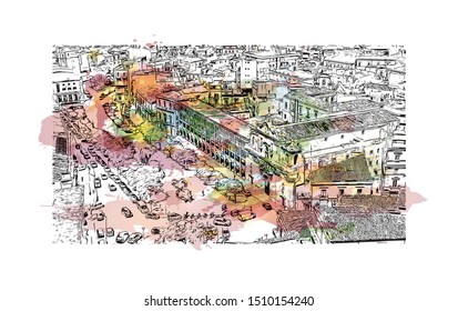 Building view with landmark of Sicily, the largest Mediterranean island, is just off the "toe" of Italy's "boot." Watercolor splash with hand drawn sketch illustration in vector.