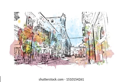 Building view with landmark of Sicily, the largest Mediterranean island, is just off the "toe" of Italy's "boot." Watercolor splash with hand drawn sketch illustration in vector.