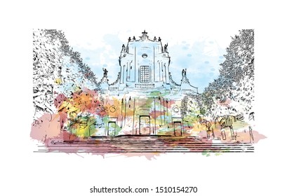 Building view with landmark of Sicily, the largest Mediterranean island, is just off the "toe" of Italy's "boot." Watercolor splash with hand drawn sketch illustration in vector.