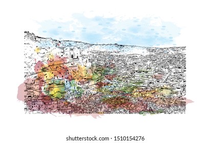 Building view with landmark of Sicily, the largest Mediterranean island, is just off the "toe" of Italy's "boot." Watercolor splash with hand drawn sketch illustration in vector.