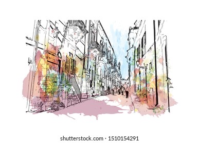 Building view with landmark of Sicily, the largest Mediterranean island, is just off the "toe" of Italy's "boot." Watercolor splash with hand drawn sketch illustration in vector.