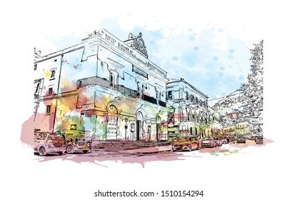 Building view with landmark of Sicily, the largest Mediterranean island, is just off the "toe" of Italy's "boot." Watercolor splash with hand drawn sketch illustration in vector.