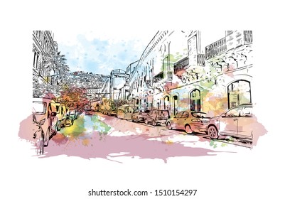 Building view with landmark of Sicily, the largest Mediterranean island, is just off the "toe" of Italy's "boot." Watercolor splash with hand drawn sketch illustration in vector.