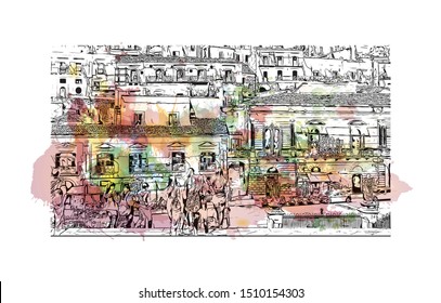Building view with landmark of Sicily, the largest Mediterranean island, is just off the "toe" of Italy's "boot." Watercolor splash with hand drawn sketch illustration in vector.