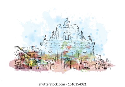 Building view with landmark of Sicily, the largest Mediterranean island, is just off the "toe" of Italy's "boot." Watercolor splash with hand drawn sketch illustration in vector.