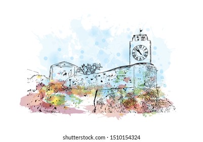 Building view with landmark of Sicily, the largest Mediterranean island, is just off the "toe" of Italy's "boot." Watercolor splash with hand drawn sketch illustration in vector.