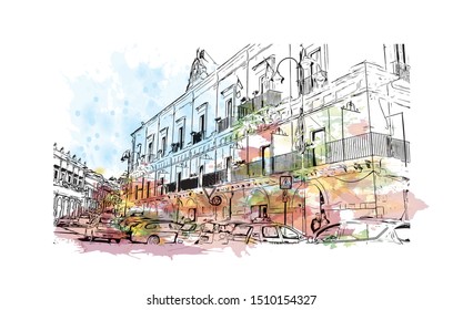 Building view with landmark of Sicily, the largest Mediterranean island, is just off the "toe" of Italy's "boot." Watercolor splash with hand drawn sketch illustration in vector.