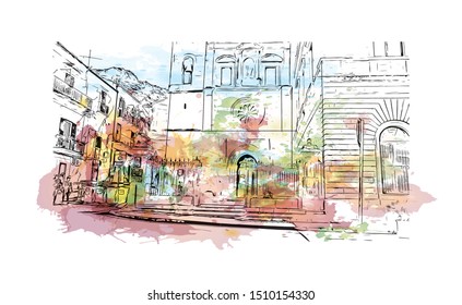 Building view with landmark of Sicily, the largest Mediterranean island, is just off the "toe" of Italy's "boot." Watercolor splash with hand drawn sketch illustration in vector.