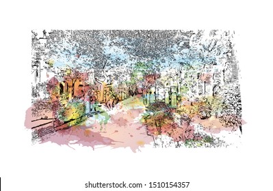 Building view with landmark of Sicily, the largest Mediterranean island, is just off the "toe" of Italy's "boot." Watercolor splash with hand drawn sketch illustration in vector.