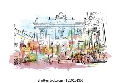Building view with landmark of Sicily, the largest Mediterranean island, is just off the "toe" of Italy's "boot." Watercolor splash with hand drawn sketch illustration in vector.
