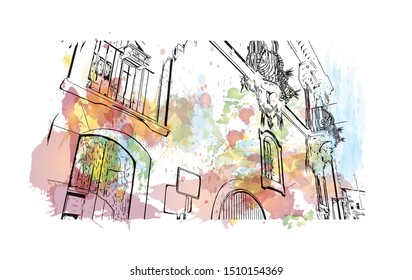 Building view with landmark of Sicily, the largest Mediterranean island, is just off the "toe" of Italy's "boot." Watercolor splash with hand drawn sketch illustration in vector.